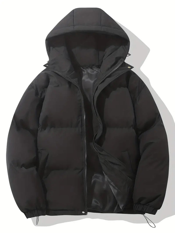 "Damen Daunenjacke seitlich, elegantes Design, schwarze Farbe, Kapuze, warm, ideal für Winter, stilvoll und funktional."