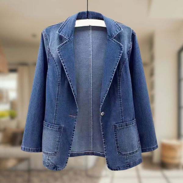 "Damen-Denim-Blazer, eleganter Jeansblazer, taillierte Passform, modischer Casual-Look, blau, bequem, vielseitig kombinierbar