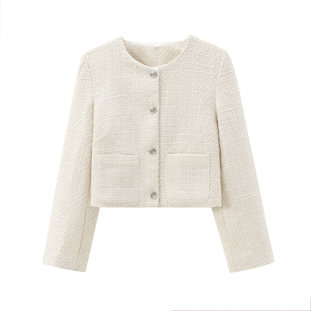 "Damen Designer-Jacke, strukturierter Stoff, eleganter Schnitt, runder Ausschnitt, dezente Knopfleiste, Vorderansicht."