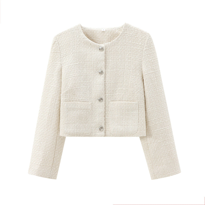 "Damen Designer-Jacke, strukturierter Stoff, eleganter Schnitt, runder Ausschnitt, dezente Knopfleiste, Vorderansicht."