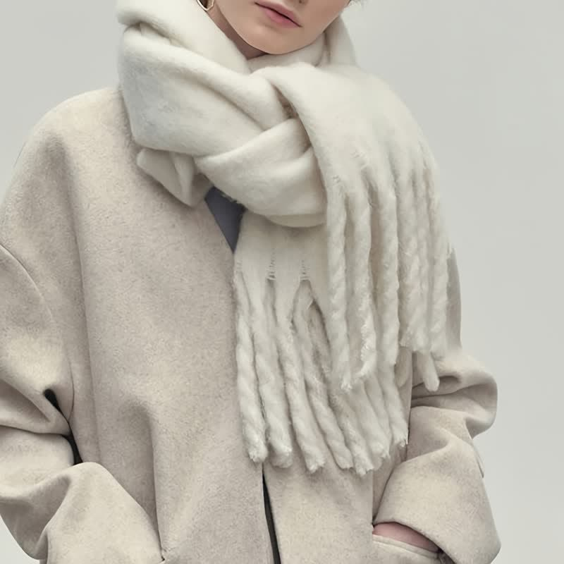 "Damen gestrickter Winterschal, weich und elegant, in Beige. Ideal für kalte Tage, kombiniert Stil und Komfort mühelos."
