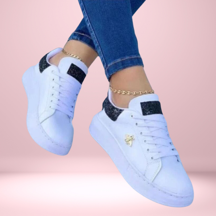 Damen Glitzer Turnschuhe mit schimmerndem metallischen Leder, perfekter Glamour-Look in Gold, Rosa, Schwarz, Silber.