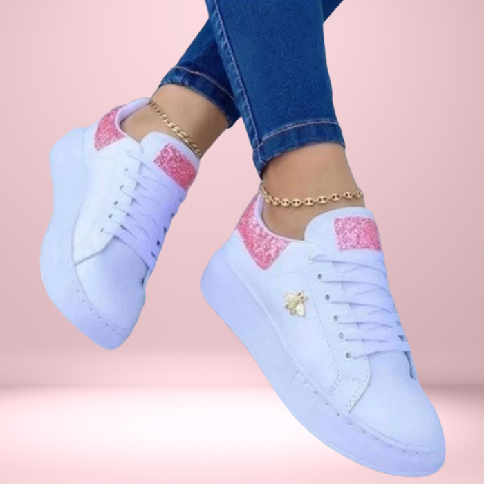 Damen Glitzer Turnschuhe mit schimmerndem metallischen Leder, perfekter Glamour-Look in Gold, Rosa, Schwarz, Silber.