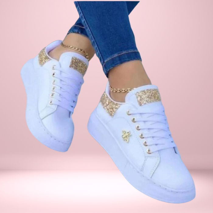 Damen Glitzer Turnschuhe mit schimmerndem metallischen Leder, perfekter Glamour-Look in Gold, Rosa, Schwarz, Silber.