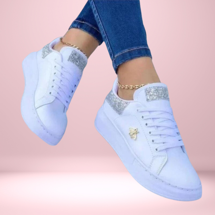 Damen Glitzer Turnschuhe mit schimmerndem metallischen Leder, perfekter Glamour-Look in Gold, Rosa, Schwarz, Silber.