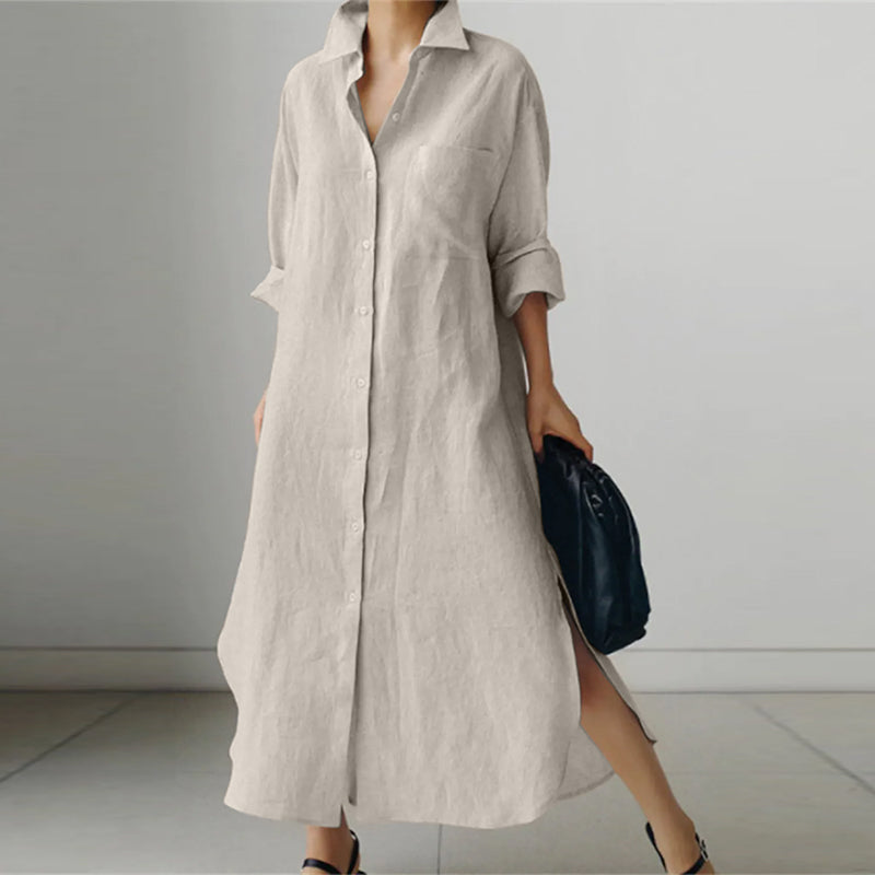 "Damen Hemdkleid, Midi-Länge, V-Ausschnitt, Button-Down, stilvoll, vielseitig, in Dunkelblau und Hellbraun erhältlich"