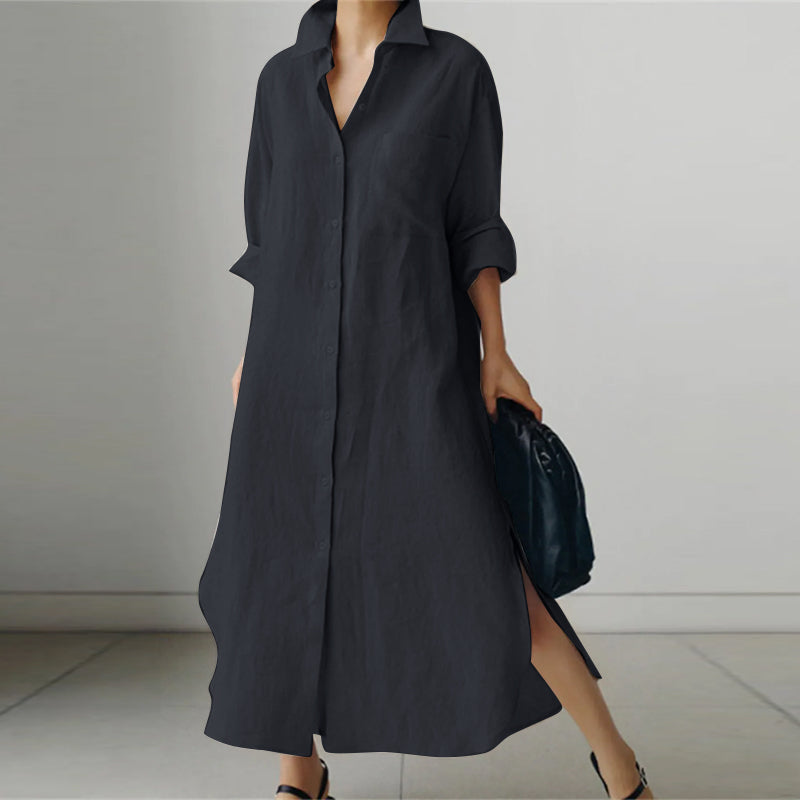 "Damen Hemdkleid, Midi-Länge, V-Ausschnitt, Button-Down, stilvoll, vielseitig, in Dunkelblau und Hellbraun erhältlich"