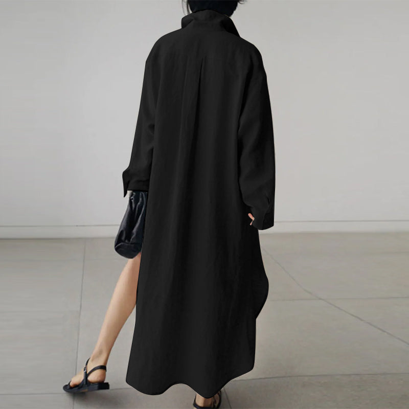 "Damen Hemdkleid, Midi-Länge, V-Ausschnitt, Button-Down, stilvoll, vielseitig, in Dunkelblau und Hellbraun erhältlich"