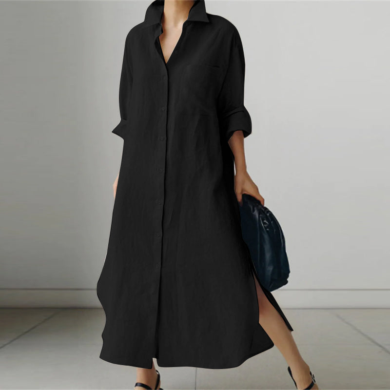 "Damen Hemdkleid, Midi-Länge, V-Ausschnitt, Button-Down, stilvoll, vielseitig, in Dunkelblau und Hellbraun erhältlich"