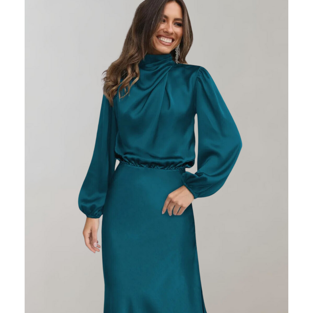 Damen High-Neck Langarm Midi Kleid in eleganter Schwarz-Weiß Optik, knielang mit raffinierter Silhouette und stilvollem Krage