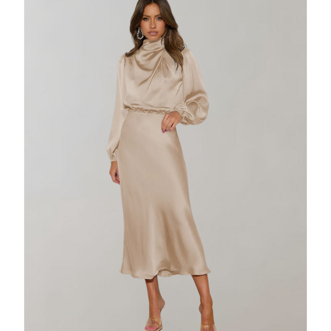 Damen High-Neck Langarm Midi Kleid in eleganter Schwarz-Weiß Optik, knielang mit raffinierter Silhouette und stilvollem Krage