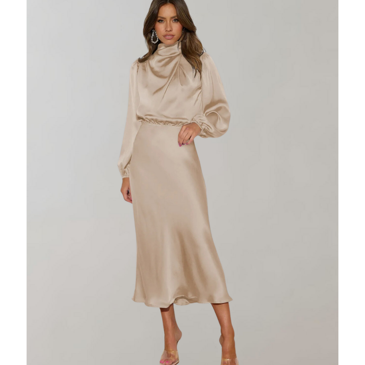 Damen High-Neck Langarm Midi Kleid in eleganter Schwarz-Weiß Optik, knielang mit raffinierter Silhouette und stilvollem Krage