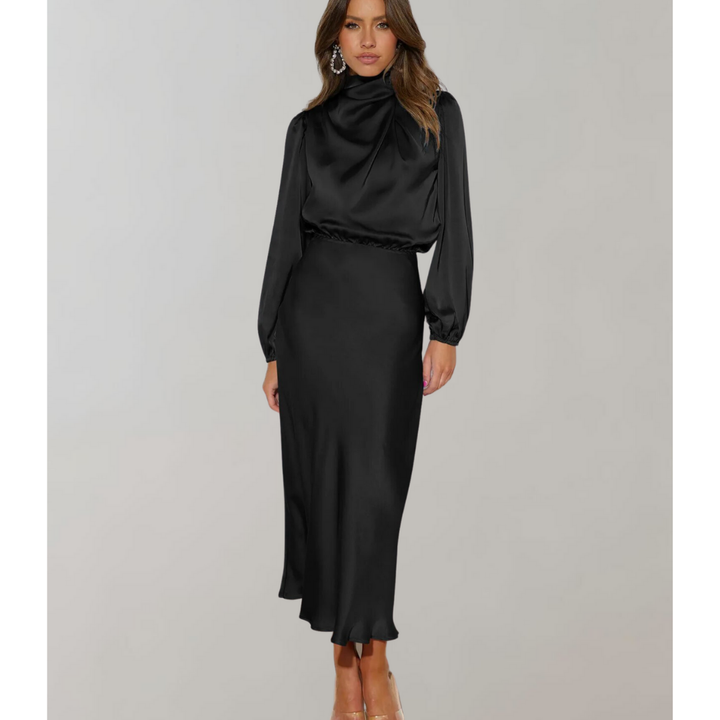 Damen High-Neck Langarm Midi Kleid in eleganter Schwarz-Weiß Optik, knielang mit raffinierter Silhouette und stilvollem Krage