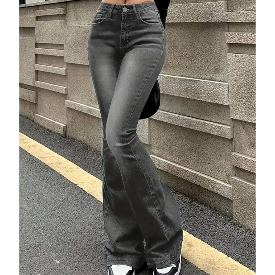"Damen hochtaillierte ausgestellte Jeans, retro Stil, elegantes Design, figurschmeichelnder hoher Bund mit weitem Bein."