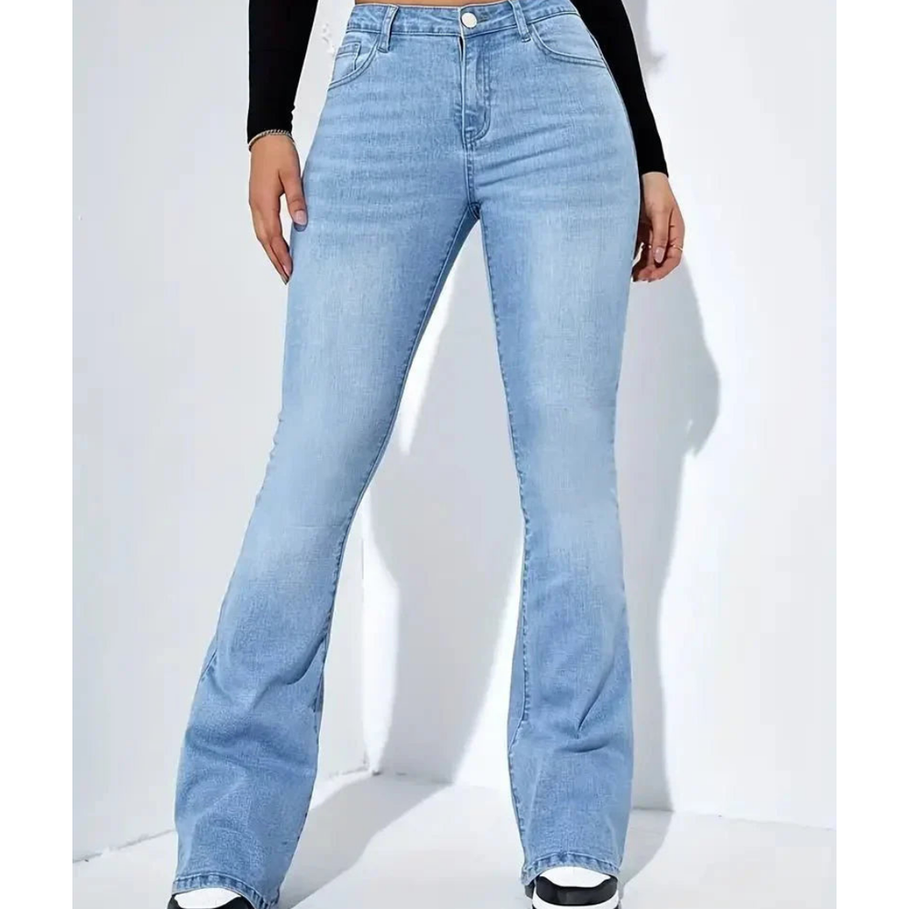 "Damen hochtaillierte ausgestellte Jeans, retro Stil, elegantes Design, figurschmeichelnder hoher Bund mit weitem Bein."