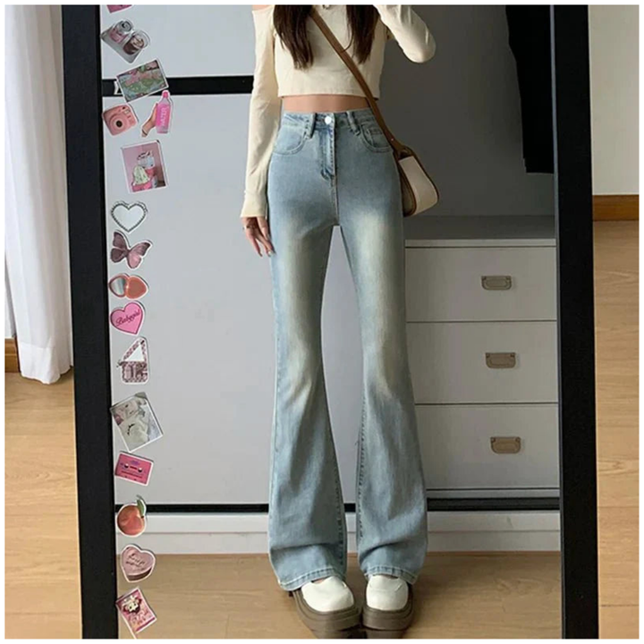 "Damen hochtaillierte ausgestellte Jeans, retro Stil, elegantes Design, figurschmeichelnder hoher Bund mit weitem Bein."
