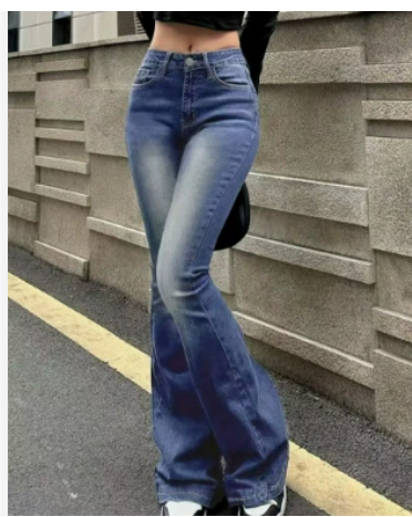"Damen hochtaillierte ausgestellte Jeans, retro Stil, elegantes Design, figurschmeichelnder hoher Bund mit weitem Bein."