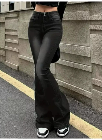 "Damen hochtaillierte ausgestellte Jeans, retro Stil, elegantes Design, figurschmeichelnder hoher Bund mit weitem Bein."