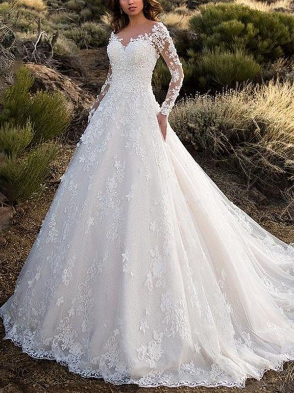 "Damen Hochzeitskleid aus eleganter Spitze mit voluminösem Rock, V-Ausschnitt und langen Ärmeln für romantische Hochzeiten."