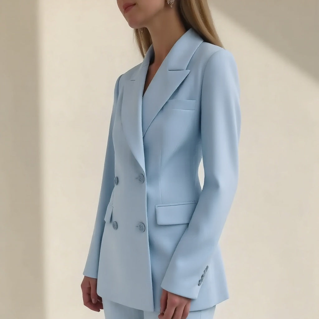 "Damen Hosenanzug mit Doppelreiher, elegant geschnitten, zeitloses Design in klassischen Farben für Büro und Anlässe."