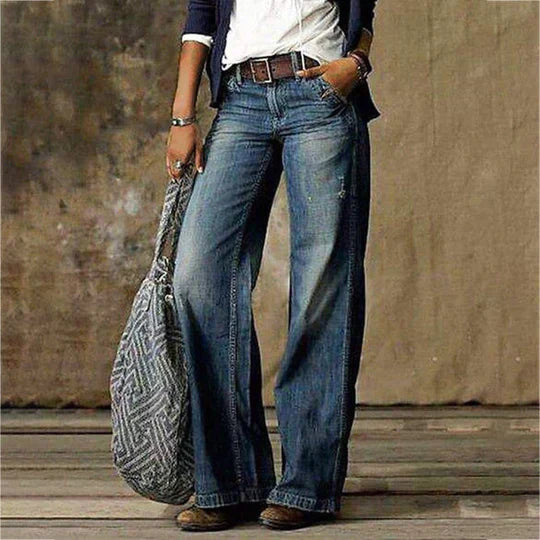 "Damen Jeans mit weitem Bein, grauer Retro-Look, urbaner Stil, vorne und seitlich, bequemer Schnitt, niedrigere Taille."