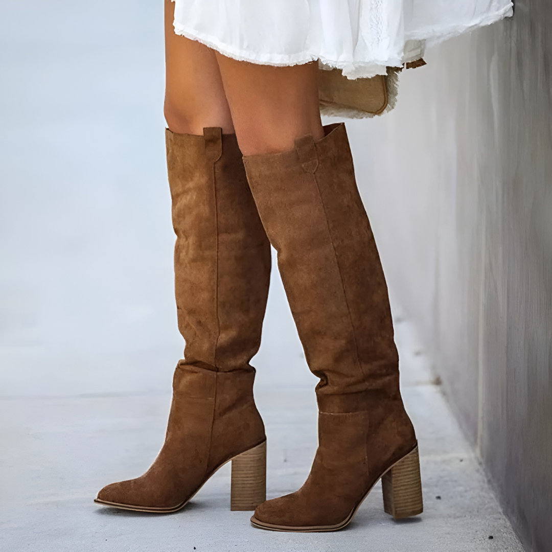 "Damen knielange Stiefel aus Leder, elegant und komfortabel, mit rutschfester Sohle für vielseitige Anlässe."
