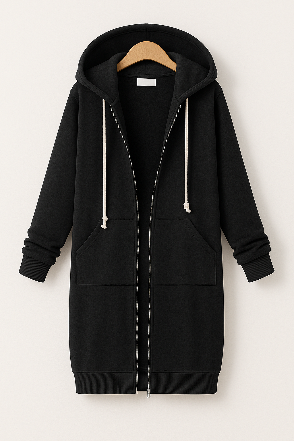 "Damen Knielanger Hoodie in Creme, weiches Material, knielang, lässiger Stil, Komfortmode, ideal für Freizeit und Zuhause."