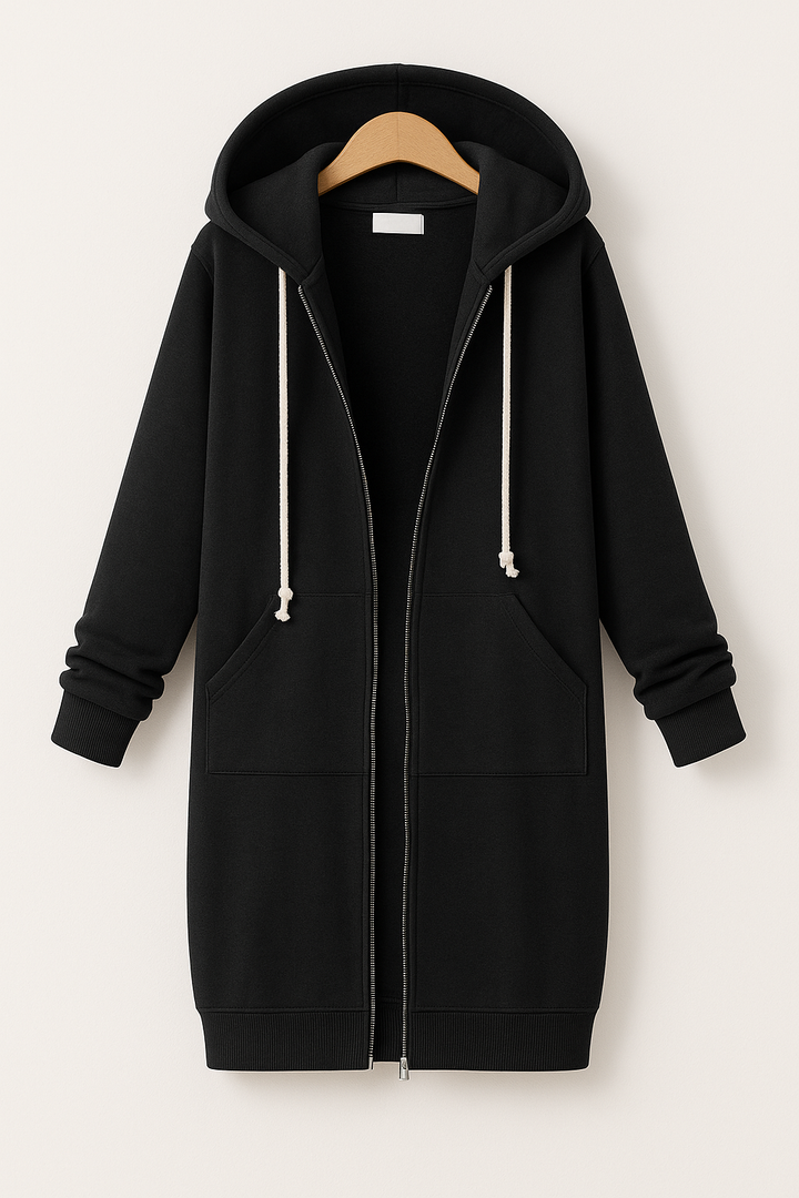 "Damen Knielanger Hoodie in Creme, weiches Material, knielang, lässiger Stil, Komfortmode, ideal für Freizeit und Zuhause."