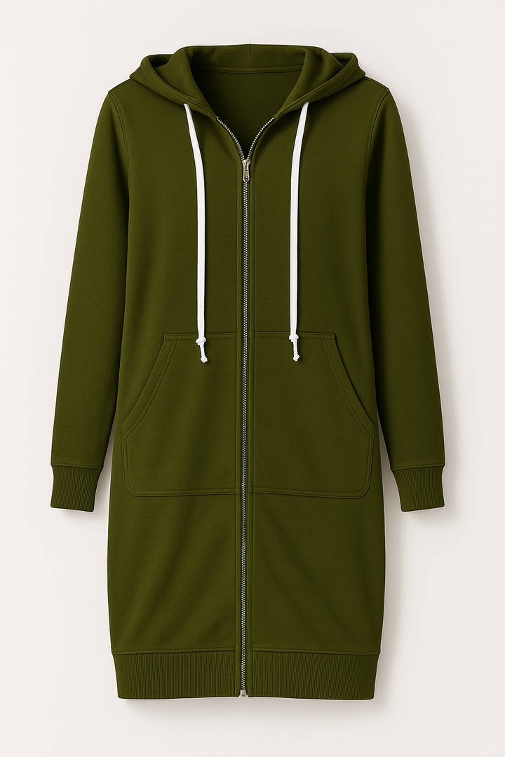 "Damen Knielanger Hoodie in Creme, weiches Material, knielang, lässiger Stil, Komfortmode, ideal für Freizeit und Zuhause."