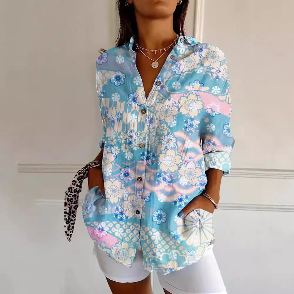 Damen Langarm Bluse mit floralem Muster, klassischem Kragen und luftigem Stoff, ideal für sommerliche Eleganz und Komfort.