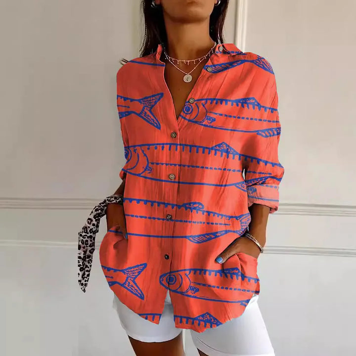 Damen Langarm Bluse mit floralem Muster, klassischem Kragen und luftigem Stoff, ideal für sommerliche Eleganz und Komfort.