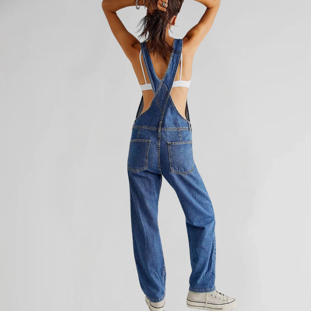 "Damen-Latzhose aus Denim mit Cross-Back-Design, erhältlich in verschiedenen Farben, stilvoll und komfortabel."