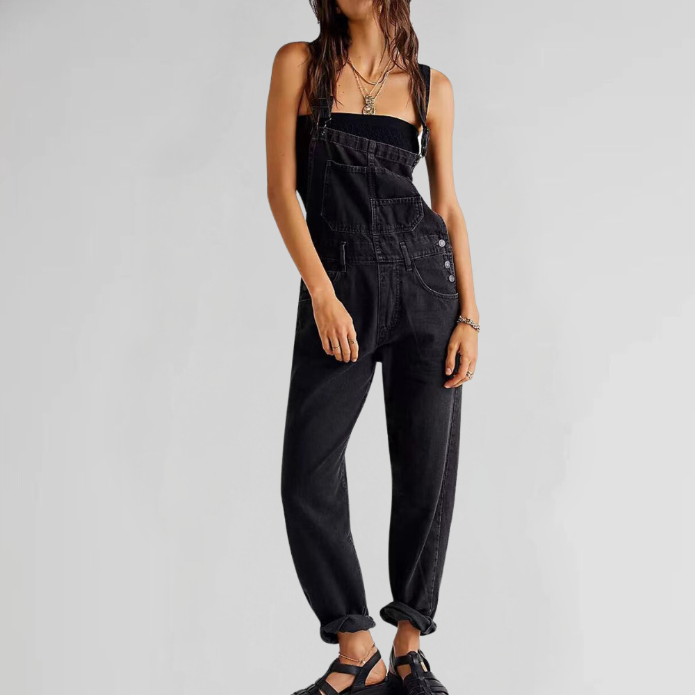 "Damen-Latzhose aus Denim mit Cross-Back-Design, erhältlich in verschiedenen Farben, stilvoll und komfortabel."