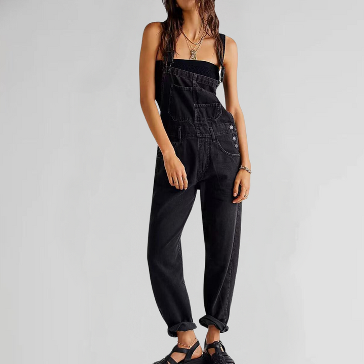 "Damen-Latzhose aus Denim mit Cross-Back-Design, erhältlich in verschiedenen Farben, stilvoll und komfortabel."