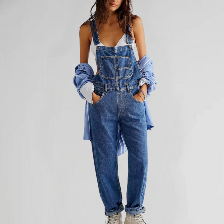 "Damen-Latzhose aus Denim mit Cross-Back-Design, erhältlich in verschiedenen Farben, stilvoll und komfortabel."