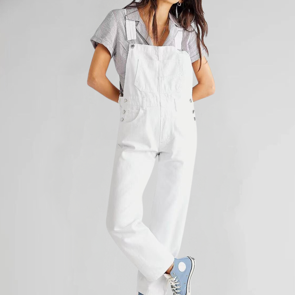 "Damen-Latzhose aus Denim mit Cross-Back-Design, erhältlich in verschiedenen Farben, stilvoll und komfortabel."