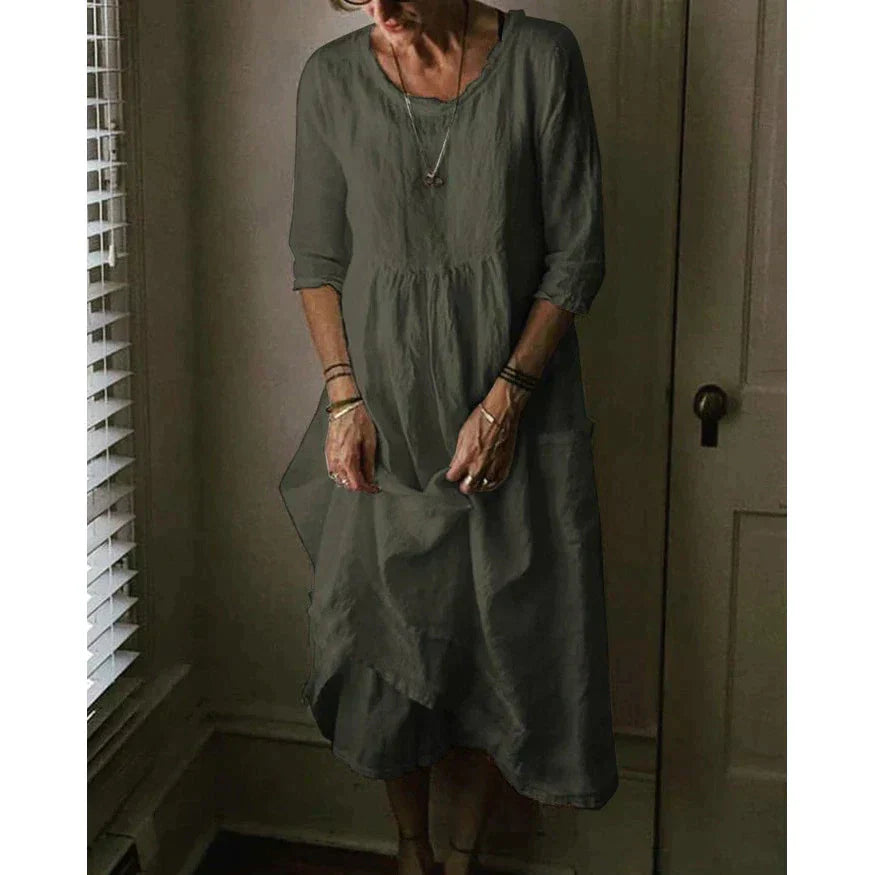"Damen Leinenkleid, leicht und elegant, ideal für Sommer; stilvolles Design, atmungsaktiver Stoff, perfekt für warme Tage."