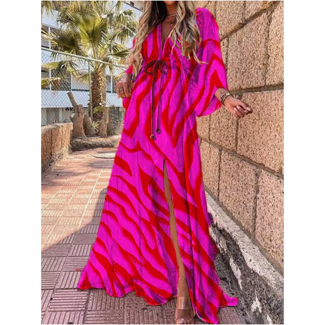 "Damen Maxi Kleid mit V-Ausschnitt, elegante Silhouette und Seitenschlitze in fließender Länge, ideal für besondere Anlässe"