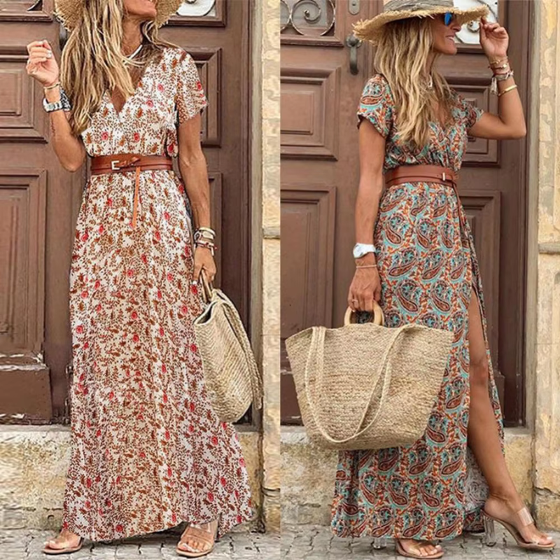 "Damen Maxi Kleid mit V-Ausschnitt und Kurzarm, leichtes, atmungsaktives Design für Sommer, stilvoll und bequem."