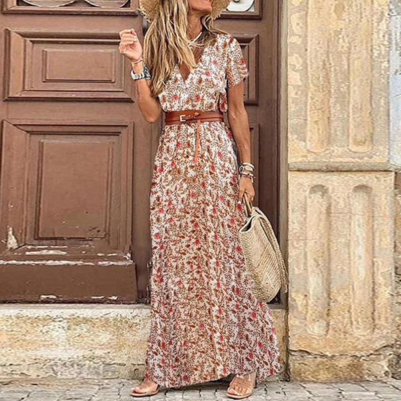 "Damen Maxi Kleid mit V-Ausschnitt und Kurzarm, leichtes, atmungsaktives Design für Sommer, stilvoll und bequem."