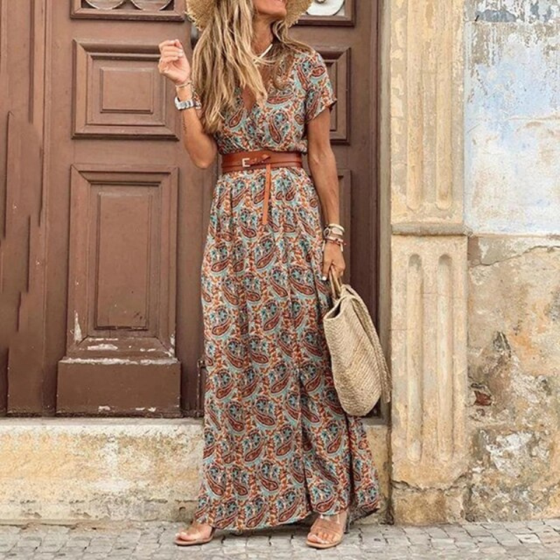"Damen Maxi Kleid mit V-Ausschnitt und Kurzarm, leichtes, atmungsaktives Design für Sommer, stilvoll und bequem."