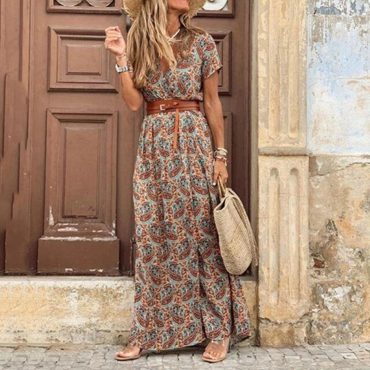 "Damen Maxi Kleid mit V-Ausschnitt und Kurzarm, leichtes, atmungsaktives Design für Sommer, stilvoll und bequem."
