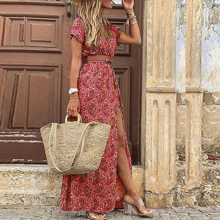 "Damen Maxi Kleid mit V-Ausschnitt und Kurzarm, leichtes, atmungsaktives Design für Sommer, stilvoll und bequem."
