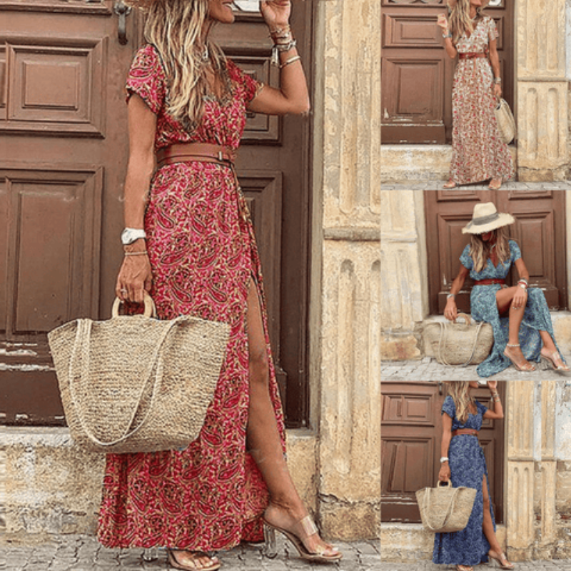 "Damen Maxi Kleid mit V-Ausschnitt und Kurzarm, leichtes, atmungsaktives Design für Sommer, stilvoll und bequem."