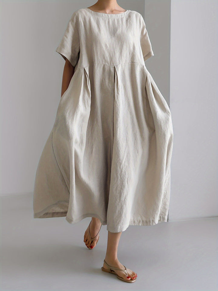 "Damen Maxikleid Leinen, elegant: knielang, kurze Ärmel, lockere Passform, atmungsaktives Material, ideal für Sommer."