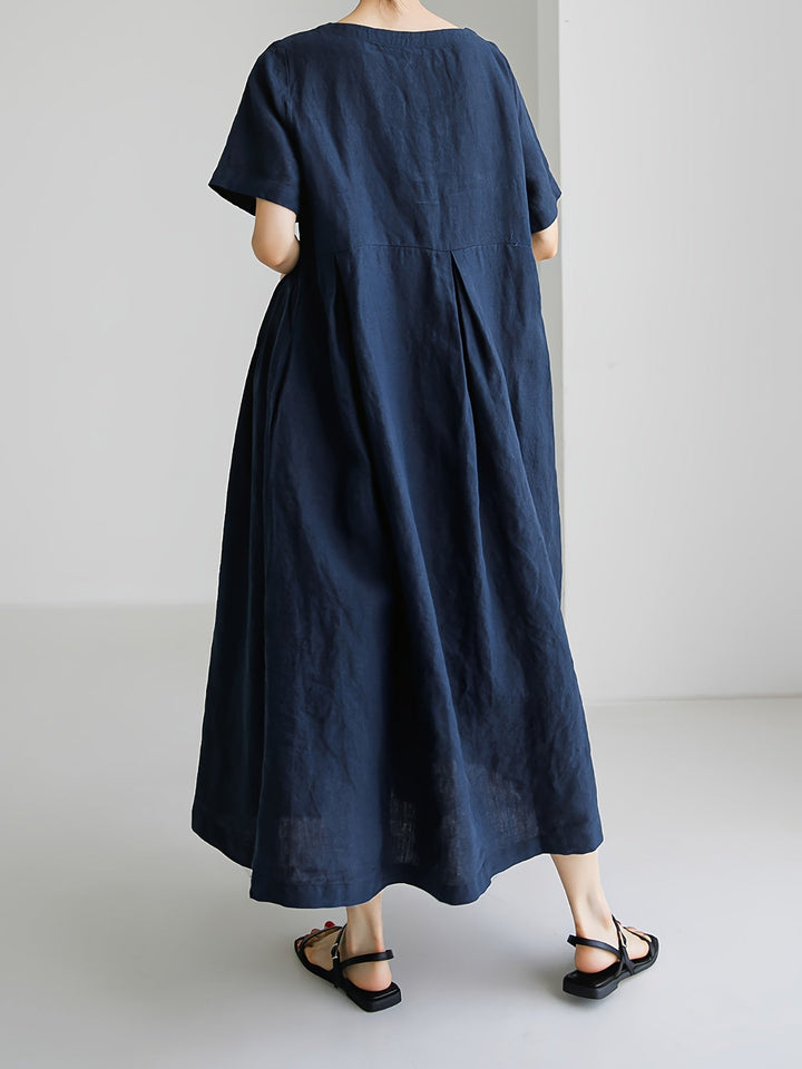 "Damen Maxikleid Leinen, elegant: knielang, kurze Ärmel, lockere Passform, atmungsaktives Material, ideal für Sommer."