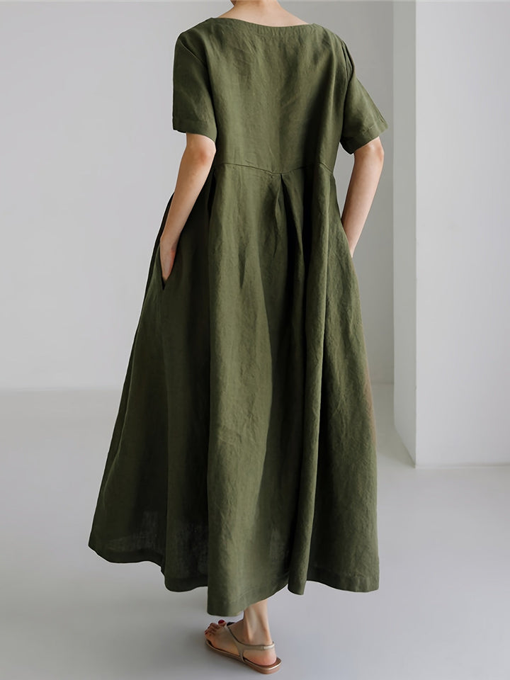 "Damen Maxikleid Leinen, elegant: knielang, kurze Ärmel, lockere Passform, atmungsaktives Material, ideal für Sommer."