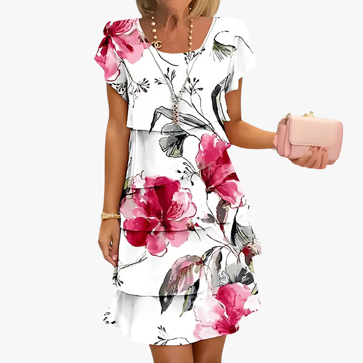 "Damen Maxikleid mit Blumenmuster, elegante bodenlange Silhouette, fließend und femininer Stil, perfekte Passform."