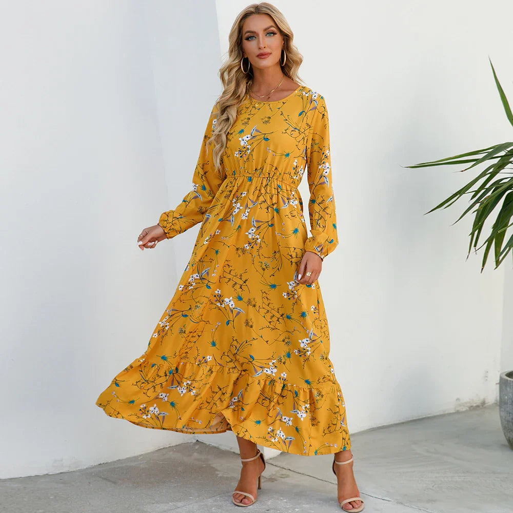 "Damen Maxikleid mit Blumenmuster im Boho-Stil, langärmelig, fließender Schnitt, ideal für Sommer, feminines Design"