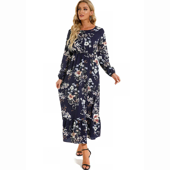 "Damen Maxikleid mit Blumenmuster im Boho-Stil, langärmelig, fließender Schnitt, ideal für Sommer, feminines Design"